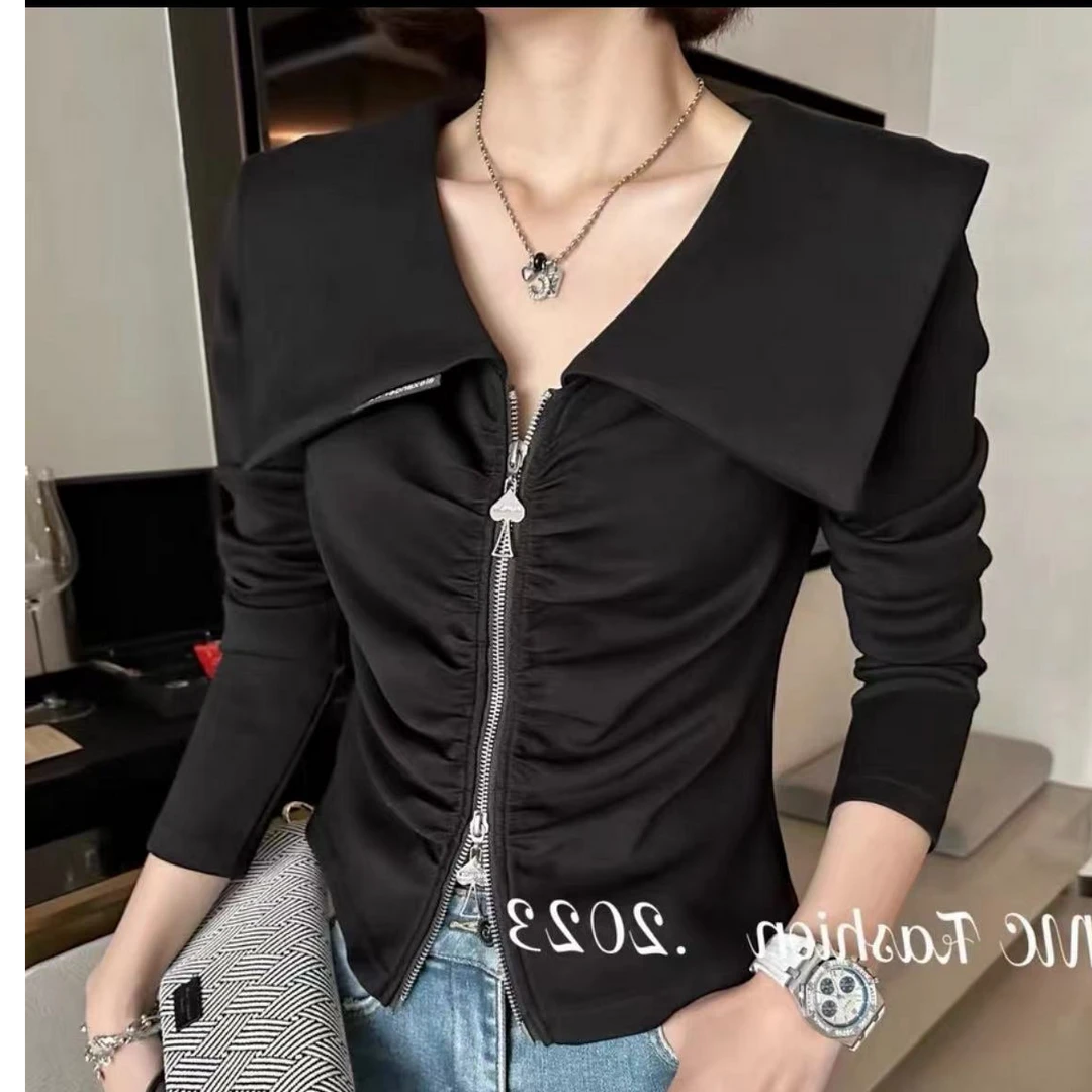 447-翻领直下摆防静电拉链常规秋季欧美女短款短外套