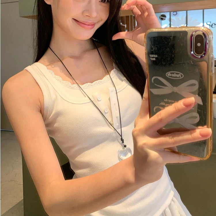 夏季新款纯欲蕾丝花边假两件工字背心2025百搭修身欧若风上衣女