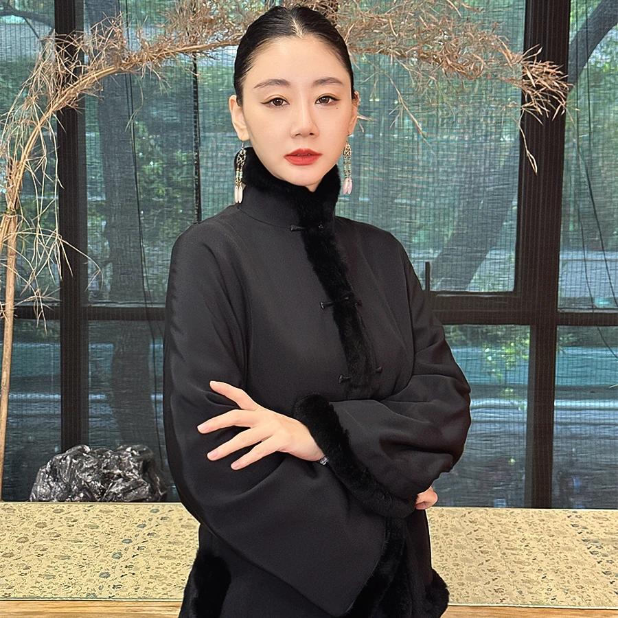 桑蚕丝双绉面料桑蚕丝絮棉衬里衣长60 领高5中式外套棉袄 墨染溪