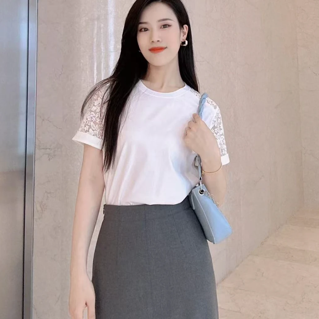 【商场同款】夏季新款圆领蕾丝袖拼接时尚百搭短袖T恤摩登猫1300946