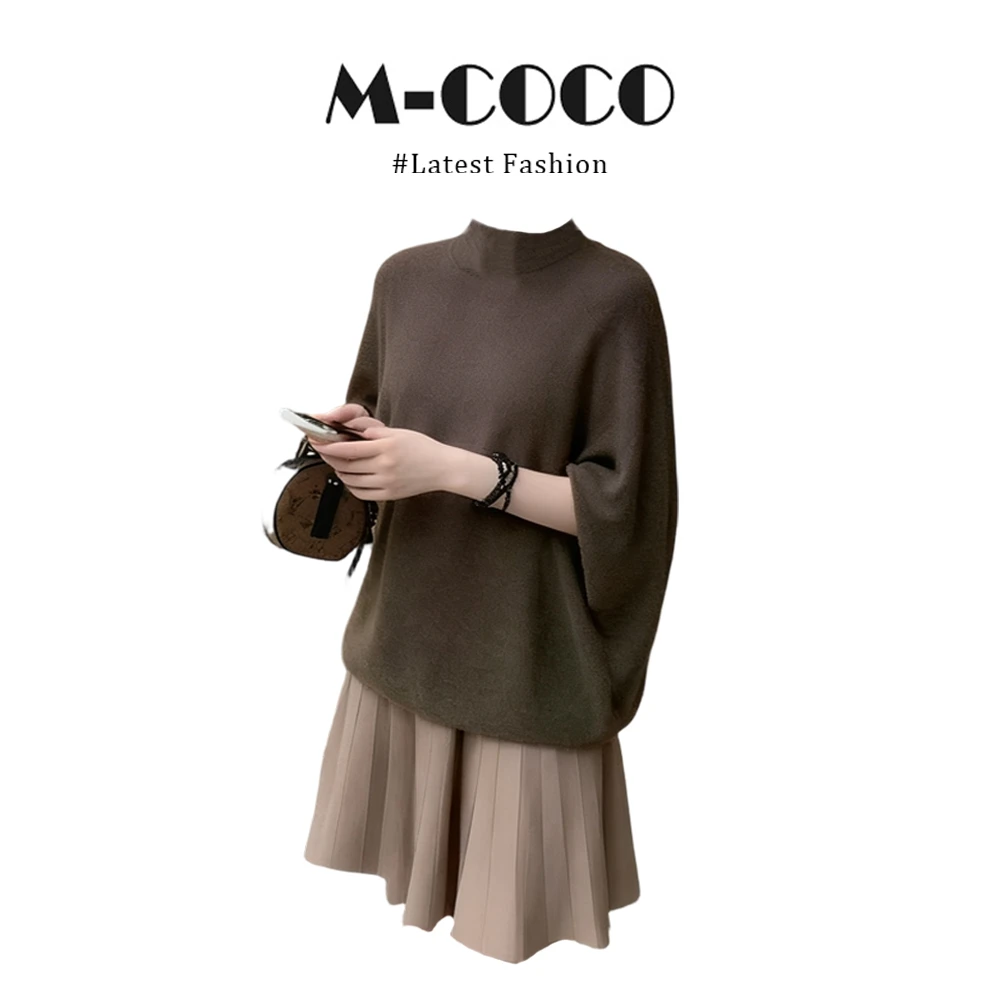 INS CEC美拉德半高领斗篷针织衫毛衣上衣高腰百褶短裙秋冬套装