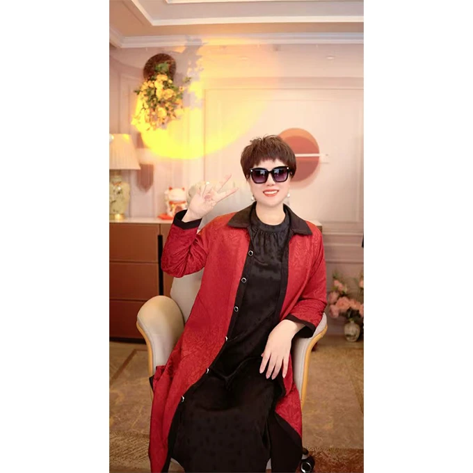 【双面穿】Y1350衬衫领中长款提花缎风衣秋装新款长袖单层长袖外套