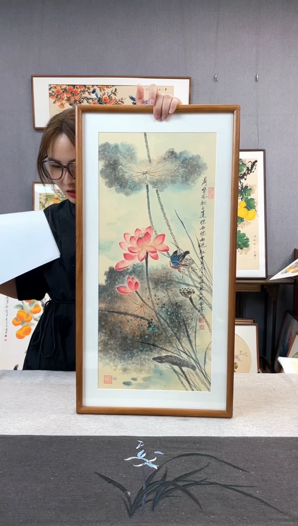 【闪购商品】国画王嘉诚-手绘带框作品-35*68-荷花