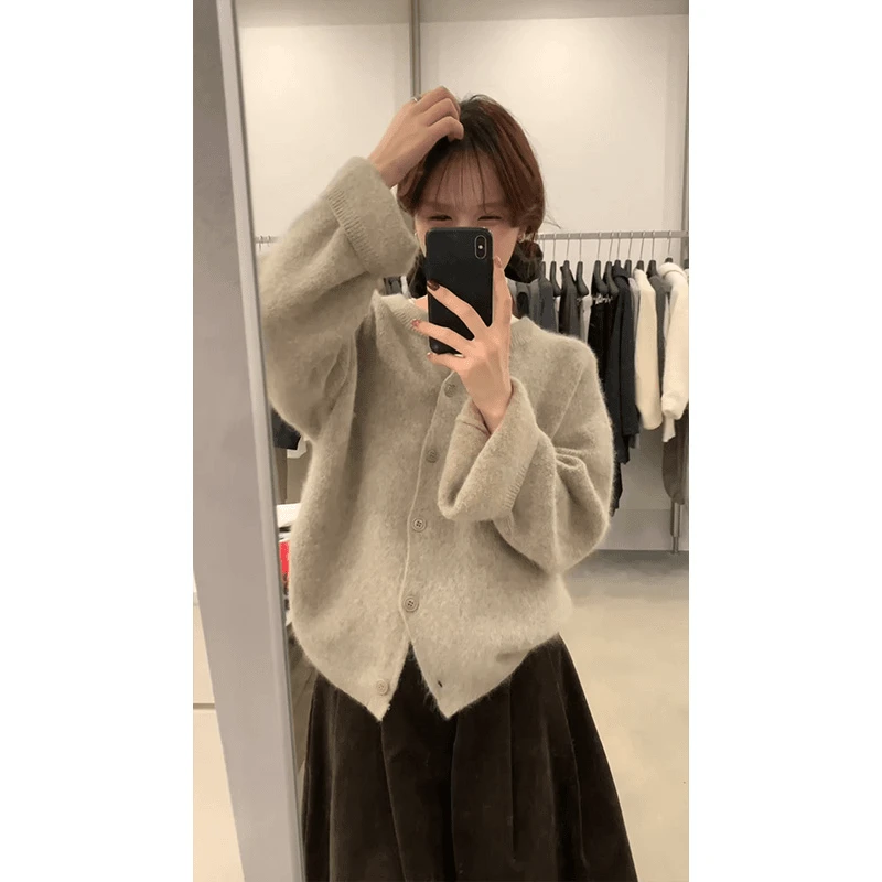 韩系秋季高级感灰色毛针织开衫休闲小个子圆领上衣高腰宽松半身裙