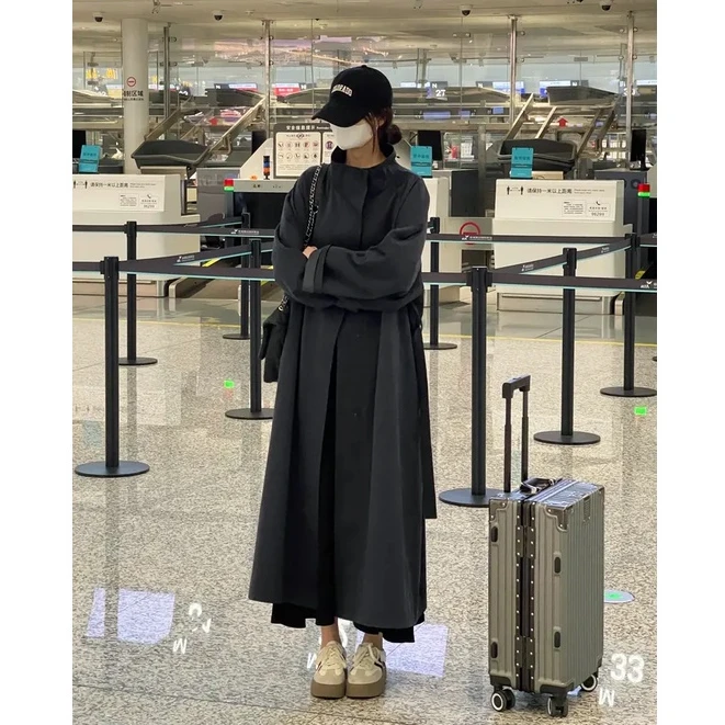 春秋慵懒风宽松风衣外套女新款小个子高级垂感休闲大衣F371