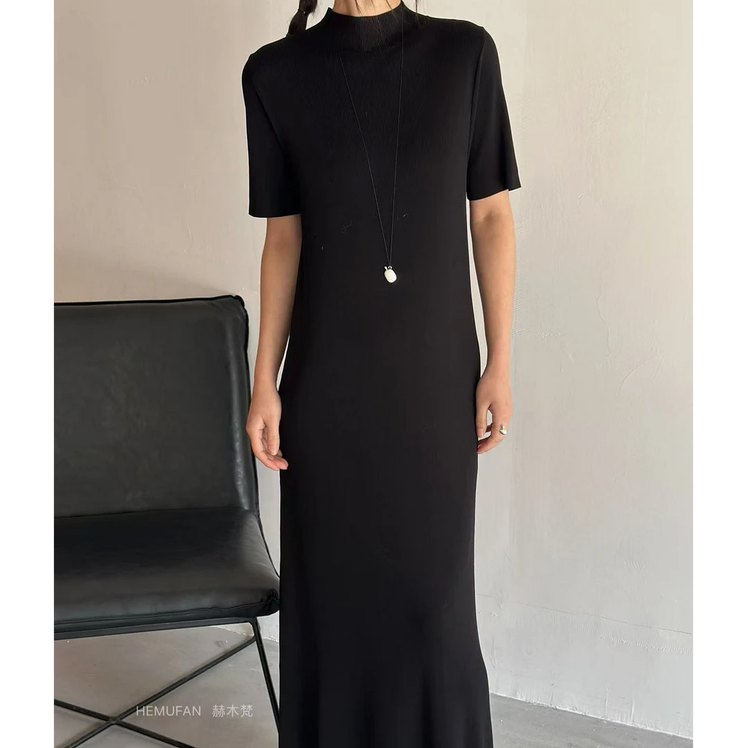 3697号330#春纯色气质中领垂感冰丝针织短袖连衣裙D2-31b