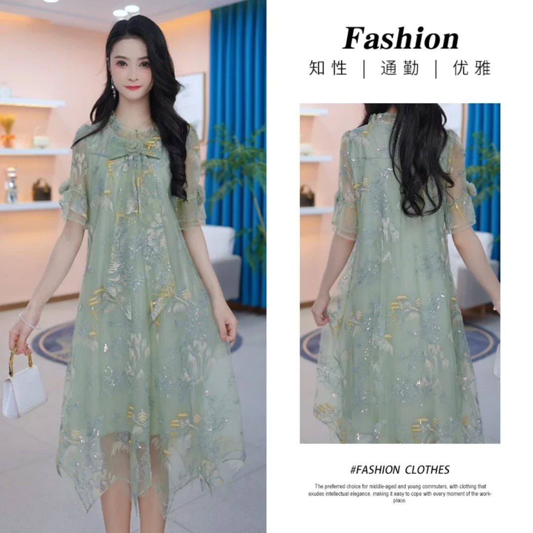 【连衣裙】2025夏季短袖时尚修身气质高贵洋气收腰显瘦减龄连衣裙