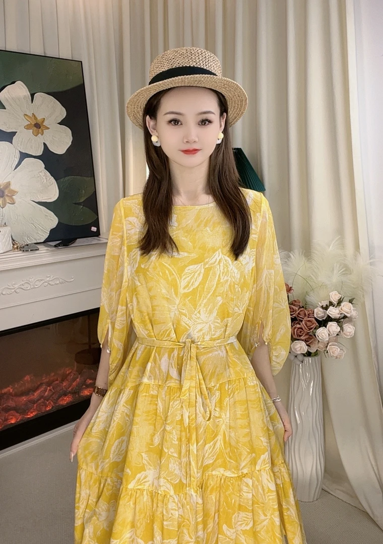 真丝双绉桑蚕丝黄色气质印花碎花减龄宽松女装连衣裙