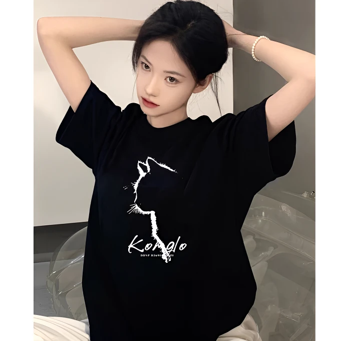 黑色纯棉短袖t恤女2025夏季新款爆款设计感小众上衣宽松百搭体恤