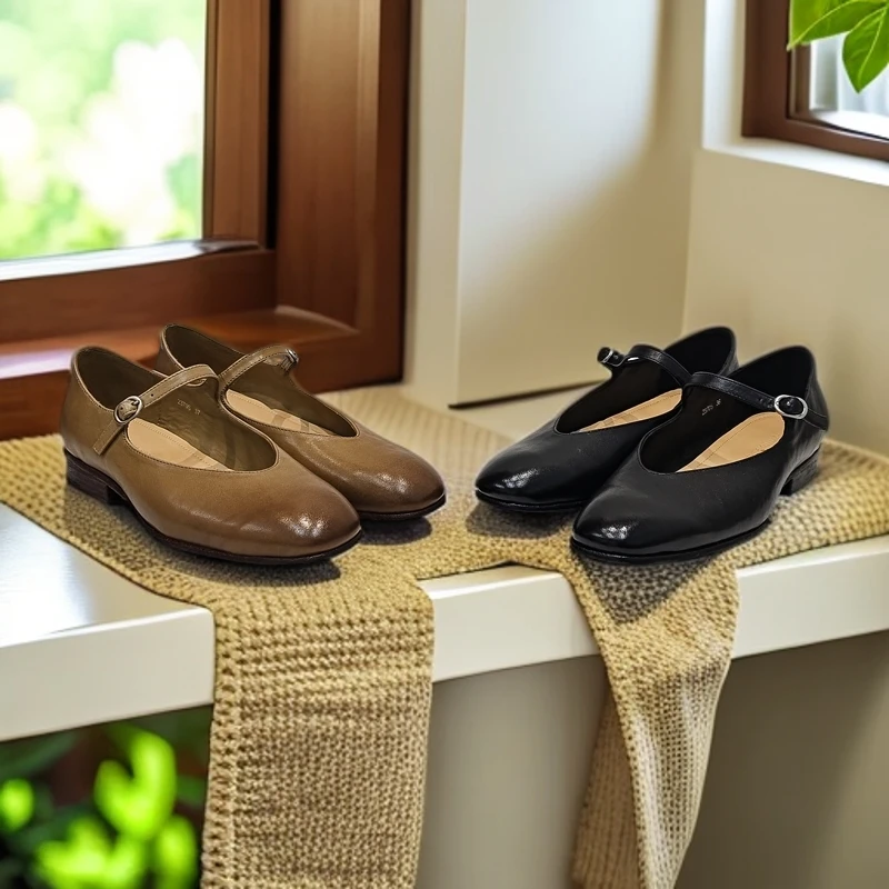 水洗马皮法式圆头一字带软底浅口玛丽珍单鞋女春秋新款