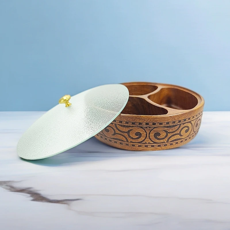 Aksaray新款纹理三格果盘带磨砂盖子放糖果干果很方便剩空间简约