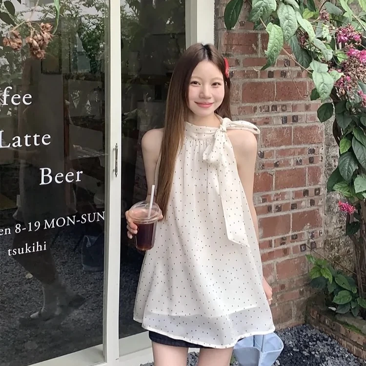 设计感无袖挂脖波点衬衫女装夏季小衫蝴蝶结背心韩系宽松辣妹上衣