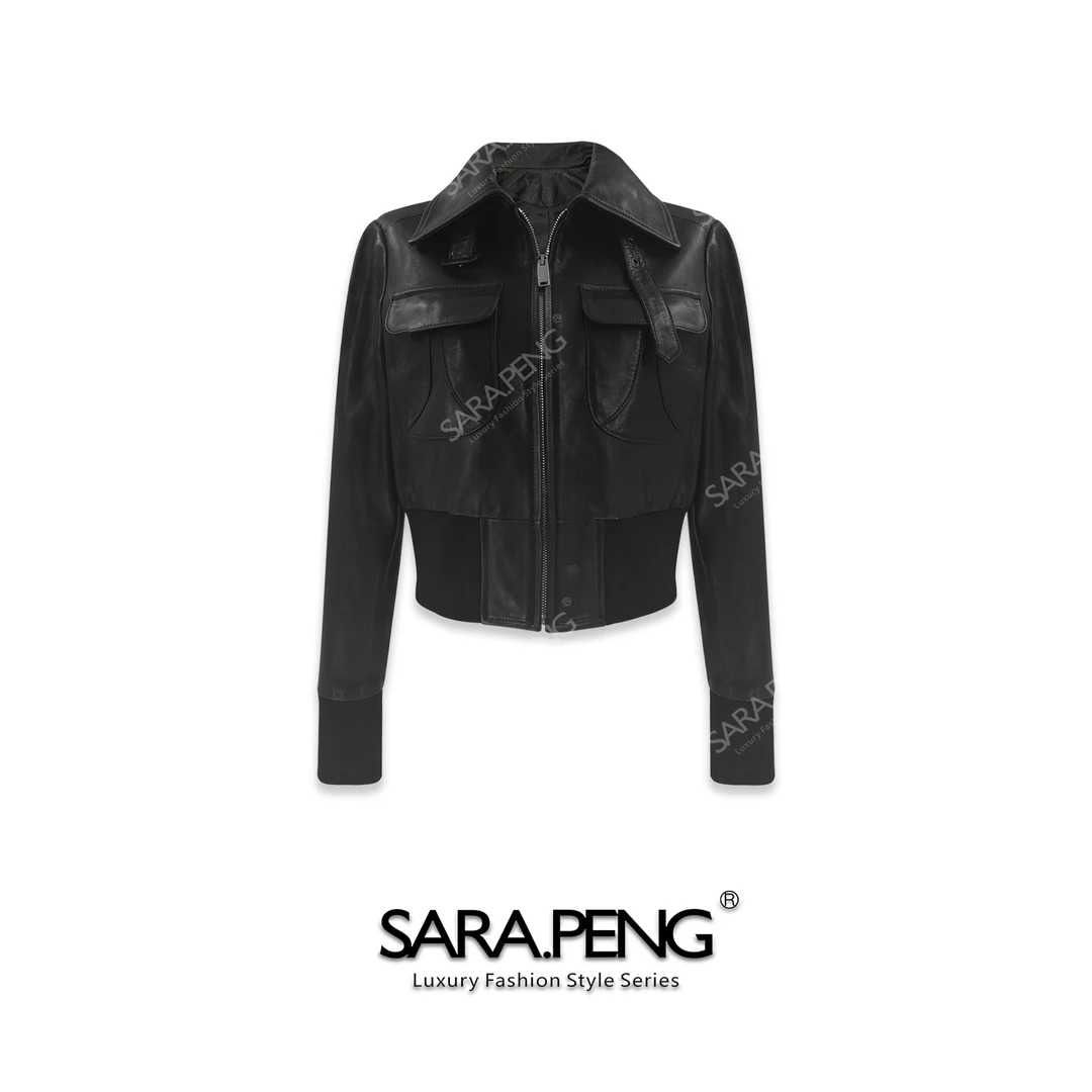 SARA.PENG奢品同款｜秋冬重工真皮羊皮拼接百搭皮衣外套｜1D168375