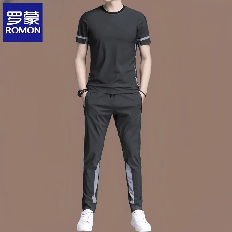 Romon/罗蒙夏季休闲套装男冰丝薄款短袖T恤长裤男装运动夏季两件