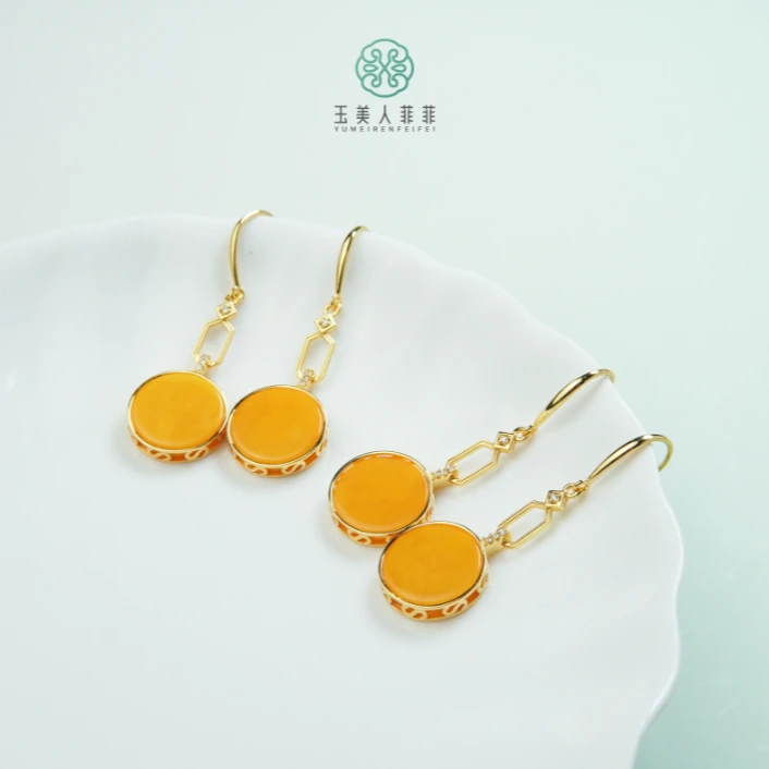 HD石惑珠宝~蜜蜡圆面耳钩约15*15mm^多样性发一