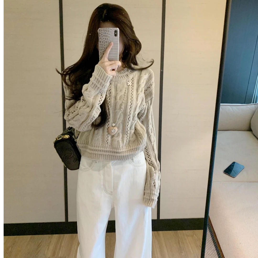 2025年春秋女装新款韩版chic慵懒风镂空纯色套头长袖针织衫毛衣