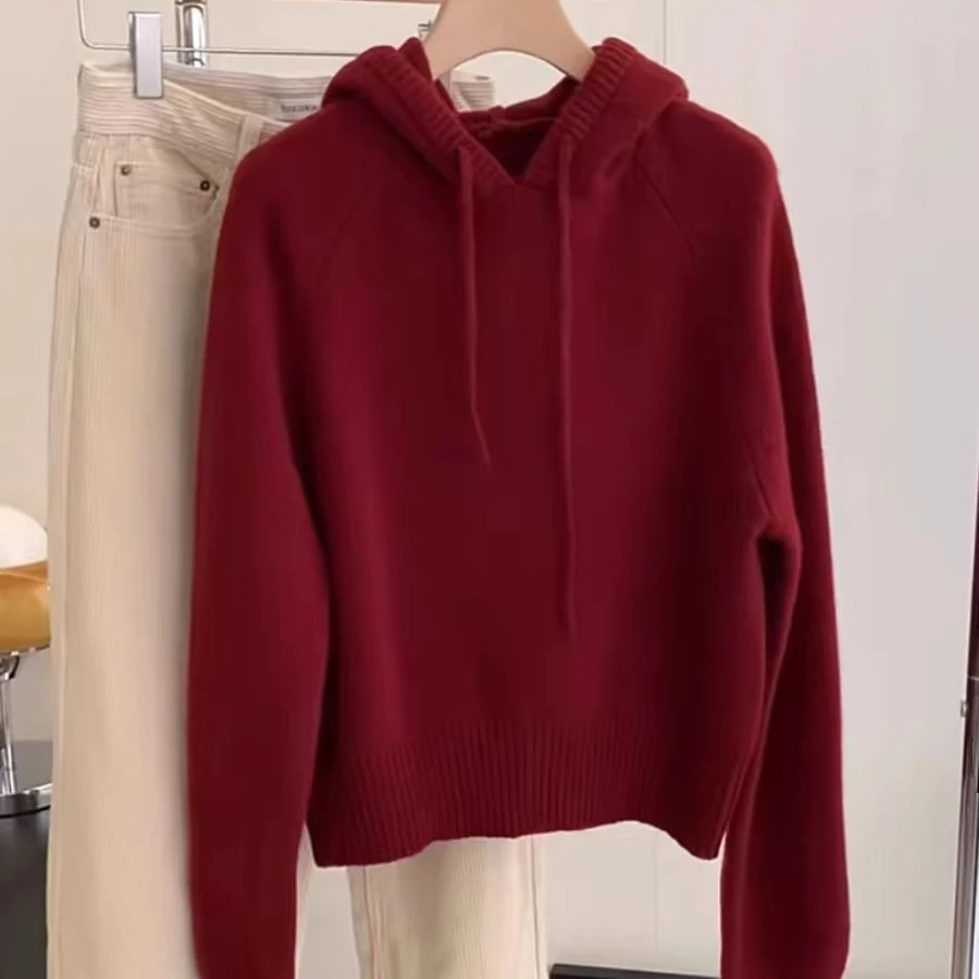 韩系高级感超好看红色连帽毛衣女秋冬季软糯慵懒风针织衫红色毛衣