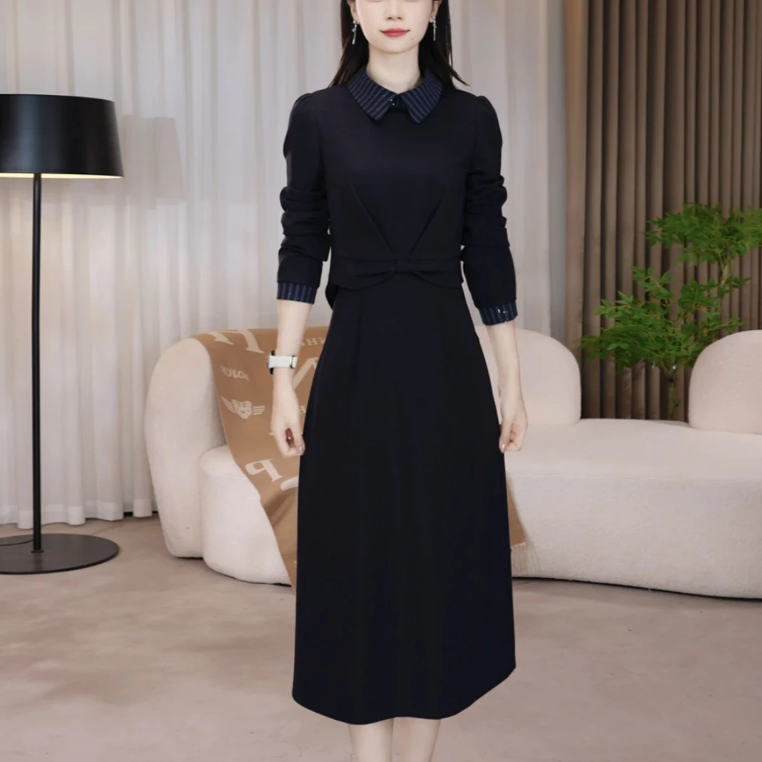 沐沐衣品春秋显瘦气质长袖时尚藏蓝色收腰秋季春秋显瘦气质连衣裙