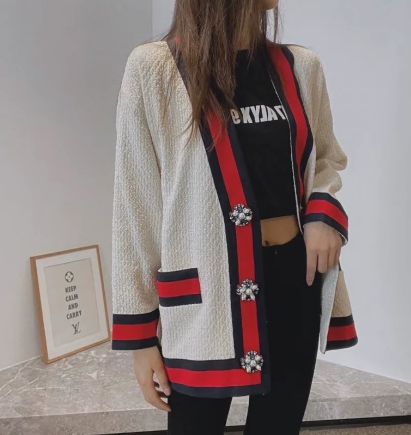 99新 GUCCI/古驰 EW0365 白色条纹织带珍珠粗花呢外套 36 XXS码