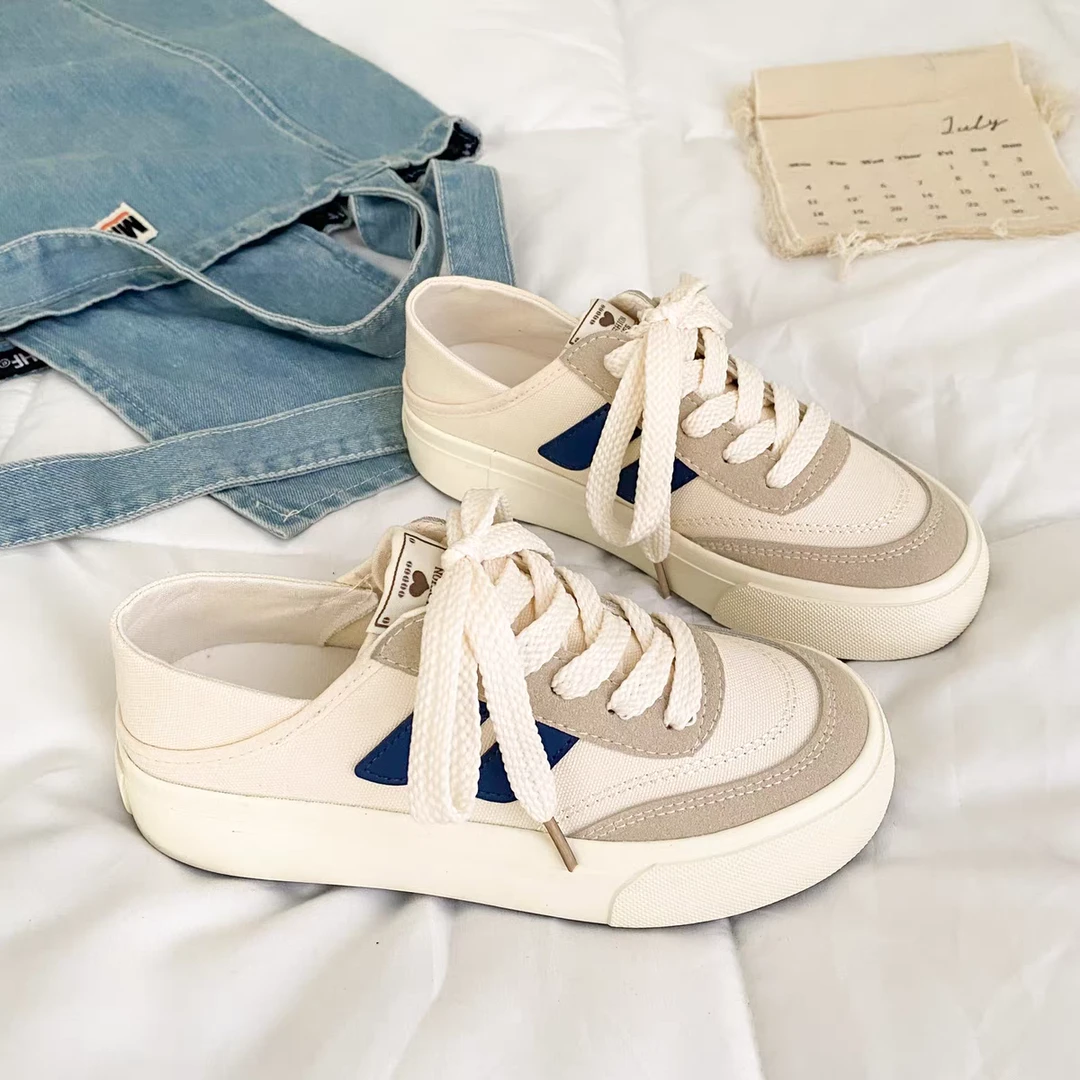 H1018 米色 半拖帆布鞋女夏透气百搭可踩后跟一脚蹬懒人两穿板鞋