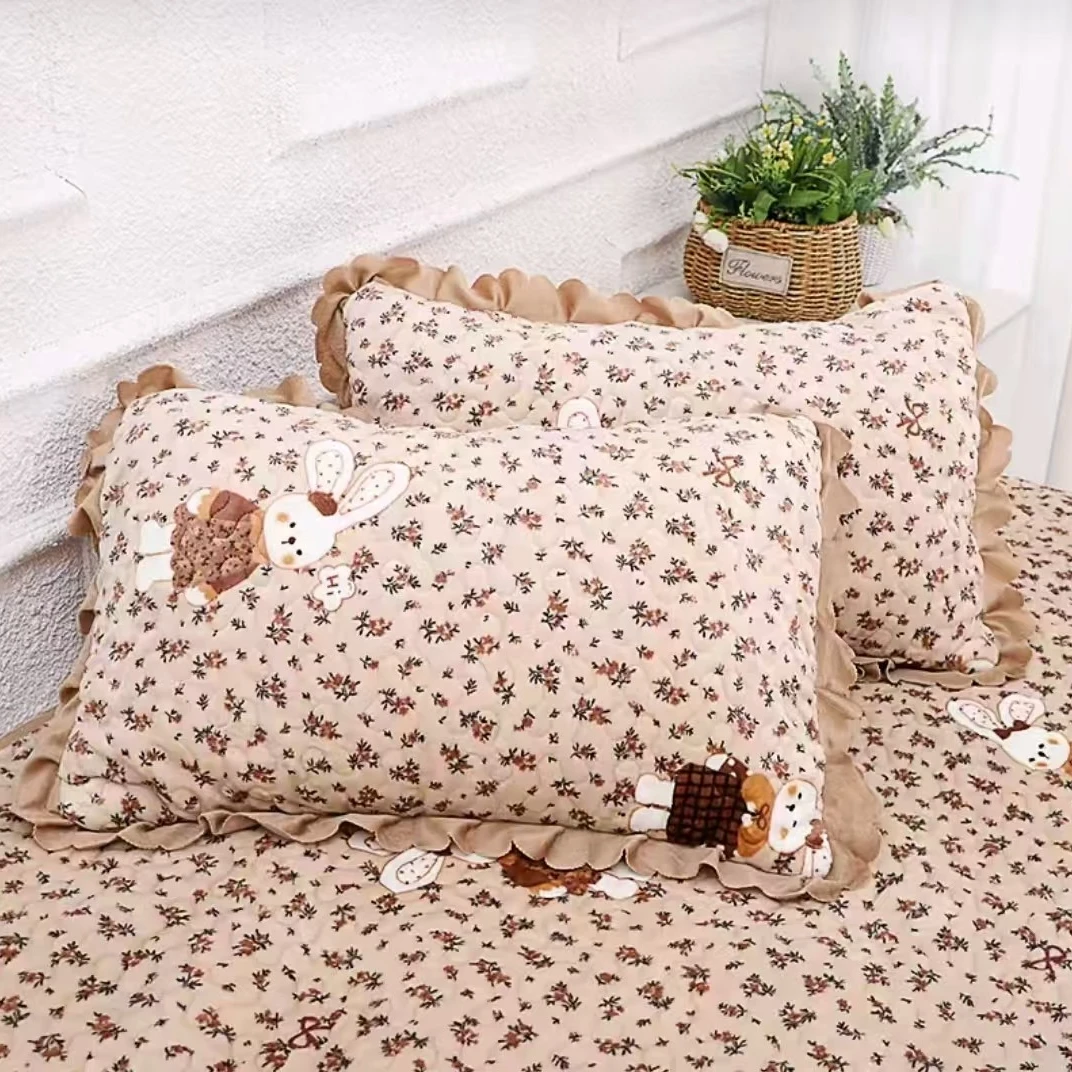 【同款花边枕套】床盖同款牛奶宝宝绒绗绣  枕套 加棉加厚