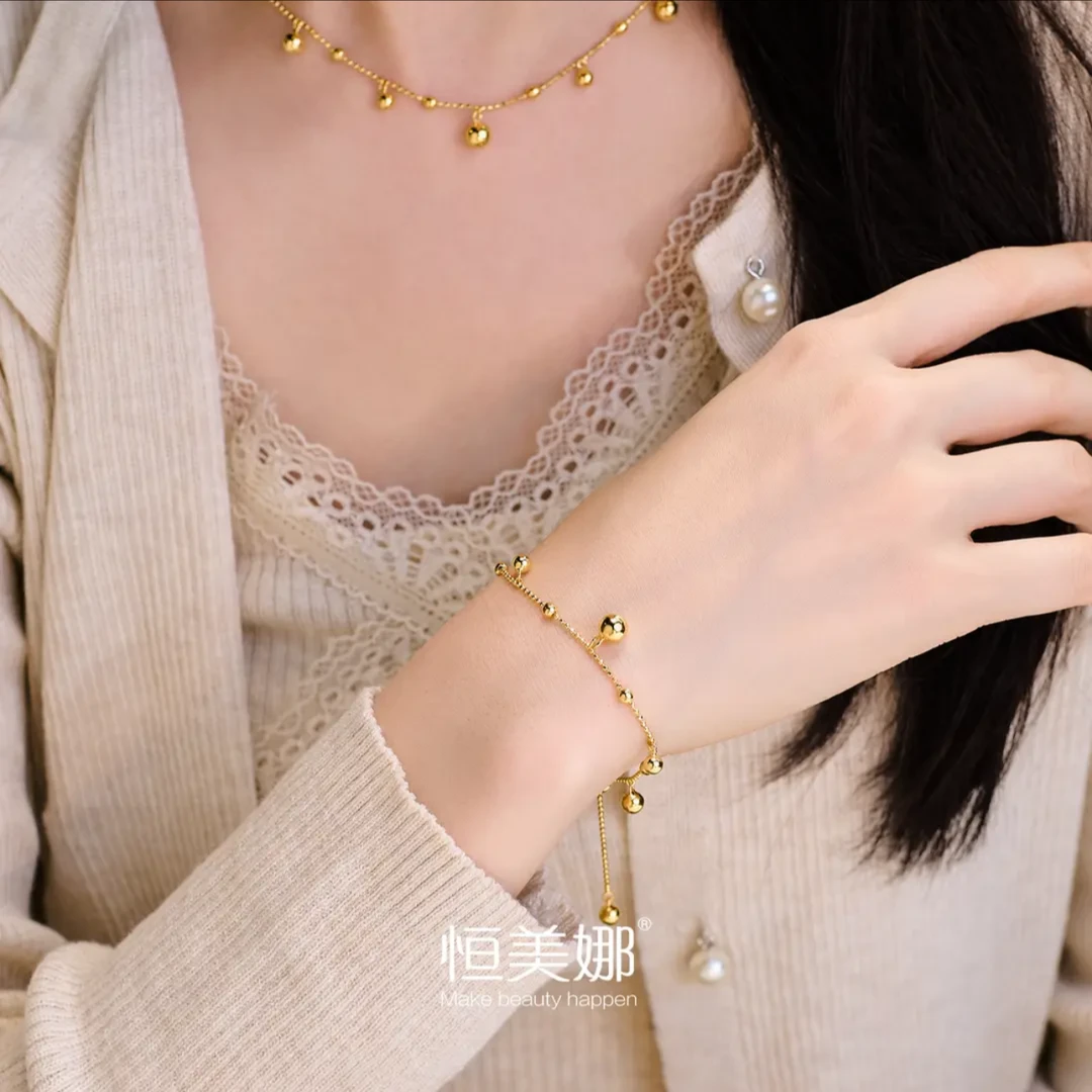 925银手链 圆珠手链项链女款 气质时尚百搭简约金色素款