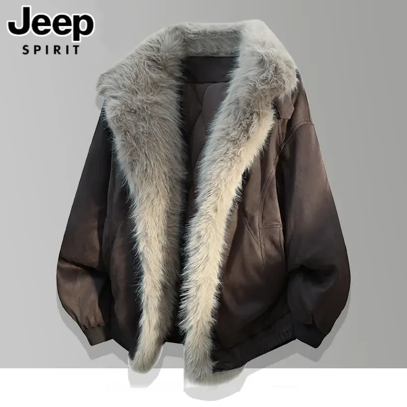 JEEP吉普男士复古百搭休闲羽绒棉服冬季新款保暖宽松毛领棉衣外套