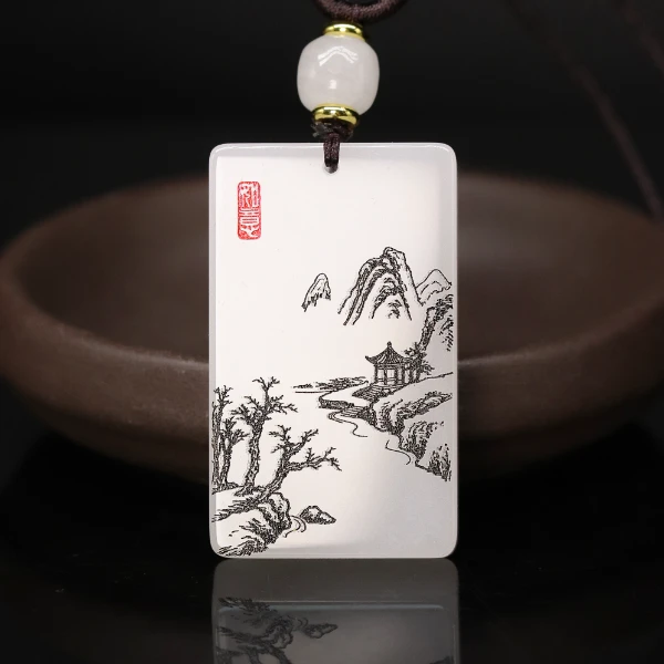 天然新疆金丝玉山水水墨无事牌玉吊坠颈饰福气满满平安Y902小亭