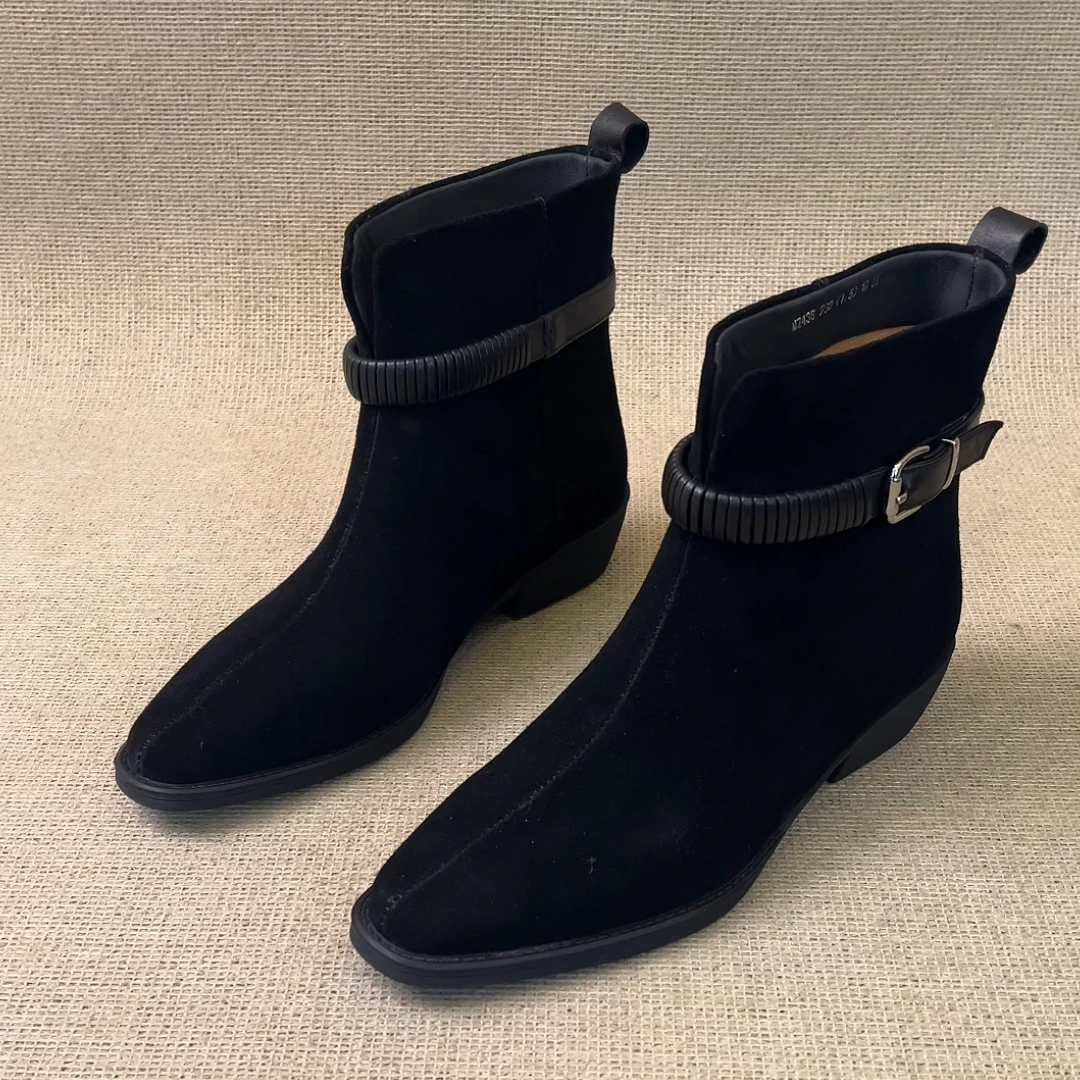 RubyL/3.5cm简约通勤磨砂百搭皮带扣舒适圆头粗跟切尔西短靴女款