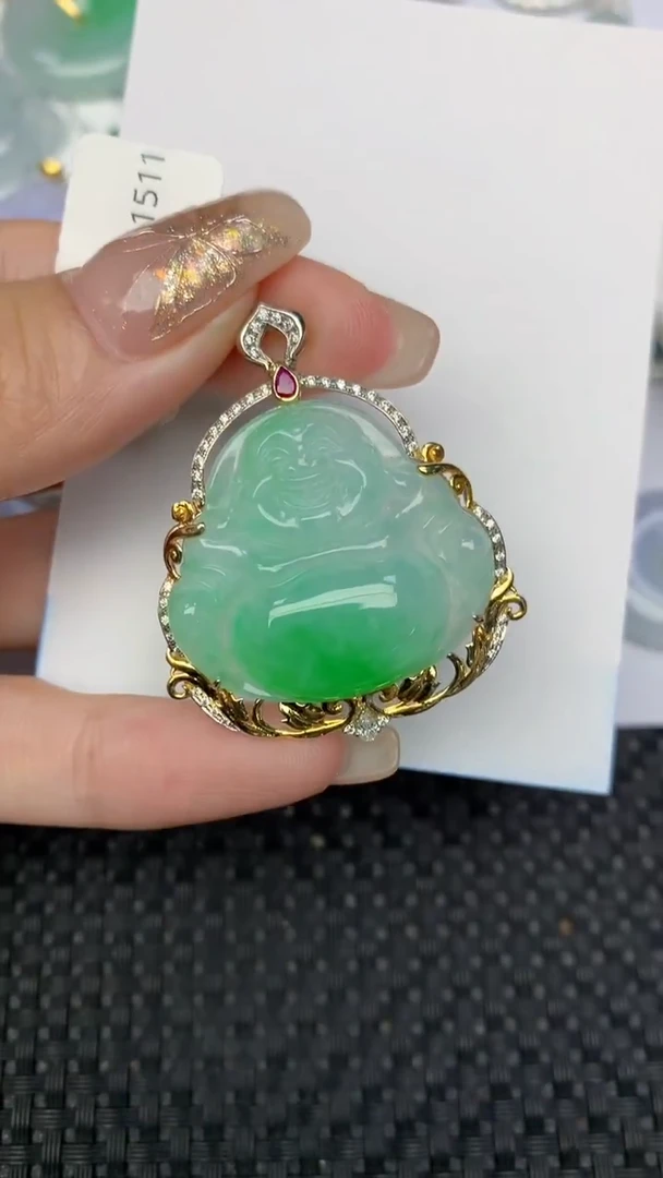 颈饰18K金镶嵌翡翠天然缅甸翡翠a货百元以上9元证书费自理