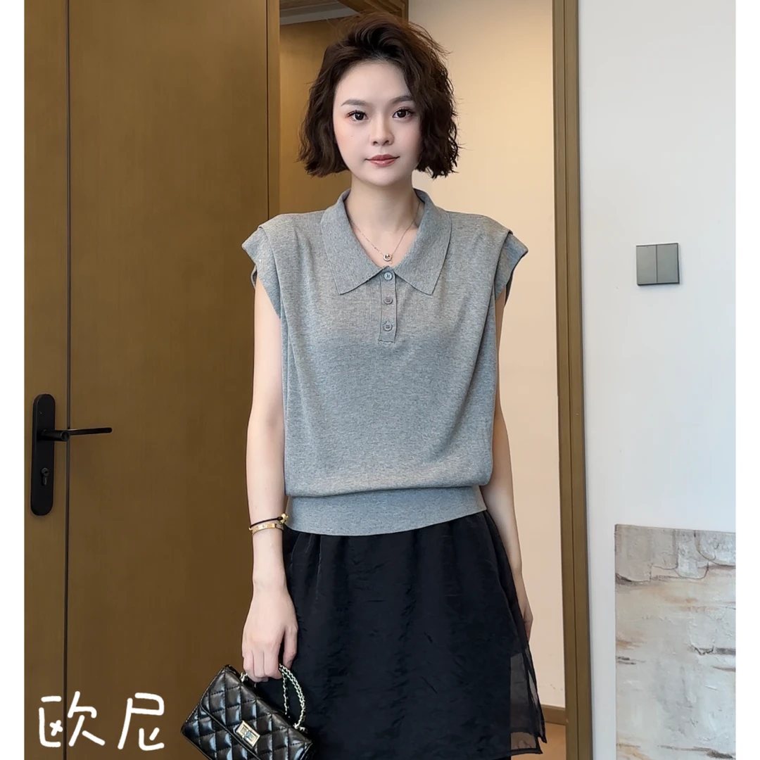 欧尼私服 2025夏韩系POLO领短袖针织T恤宽松显瘦上衣2505C2994