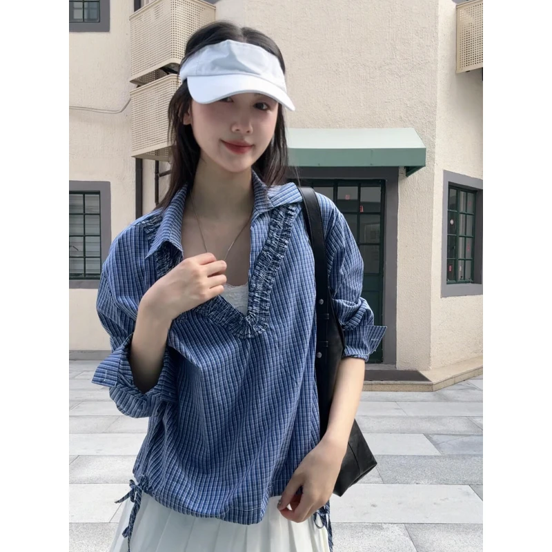 法式小资蓝色格子长袖衬衫女早秋2025新款高级感V领显瘦宽松上衣