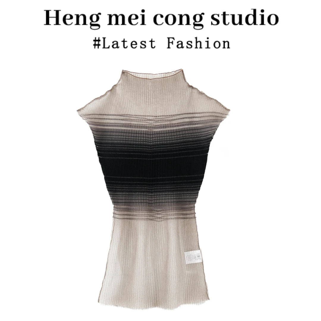 老钱风女装设计感透视网纱撞色针织短袖上衣女高腰修身显瘦直筒裤