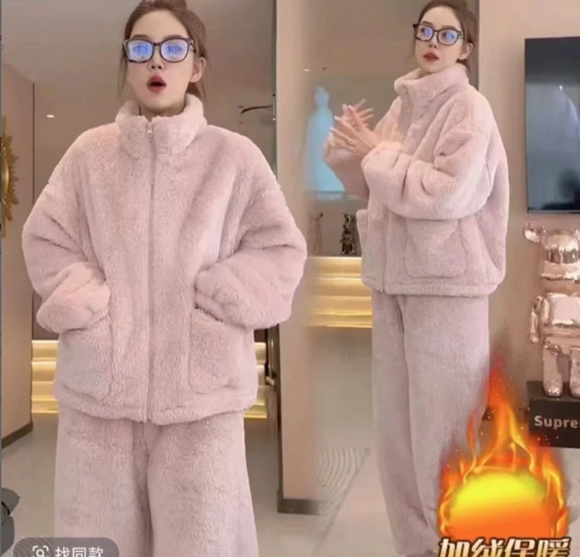 【高品质】睡衣女冬季加绒保暖拉链设计外穿家居服宽松休闲两件套