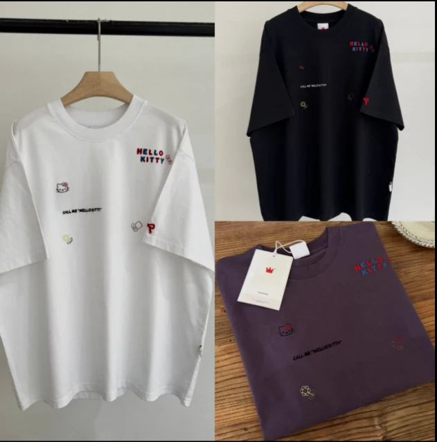 ZT【皇冠刺绣Kitty猫】刺绣重工大版休闲百搭宽松数码印花半袖T恤