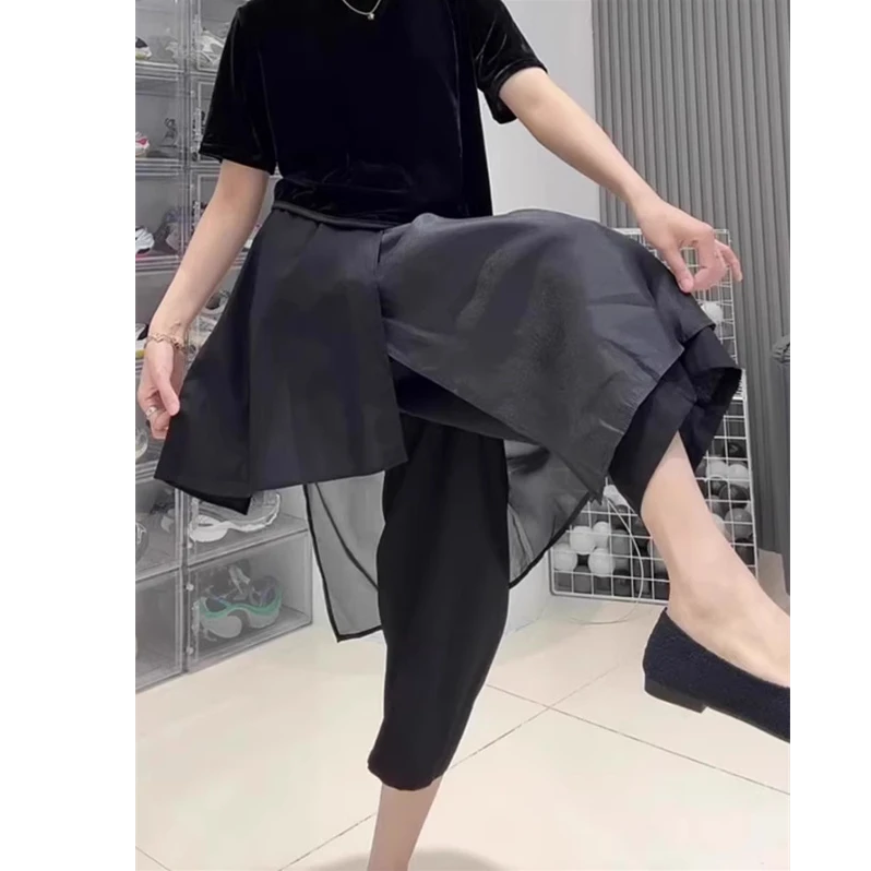 不规则拼接大码黑色休闲裤裙女夏季胖妹妹mm遮胯直筒裤九分黑裤子
