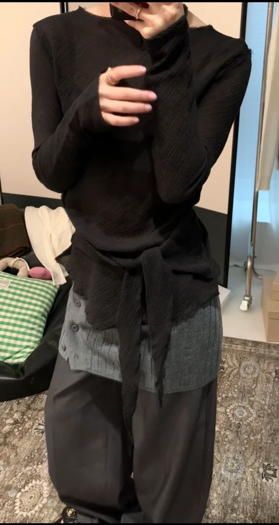 韩系不规则系带长袖上衣女2025春季新款小衫设计感灰色裤子套装