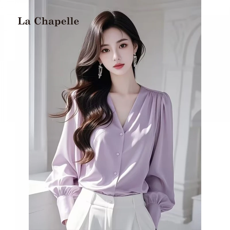 拉夏贝尔洋气雪纺小衫内搭紫色v领衬衫赫本风法式小众上衣女秋季