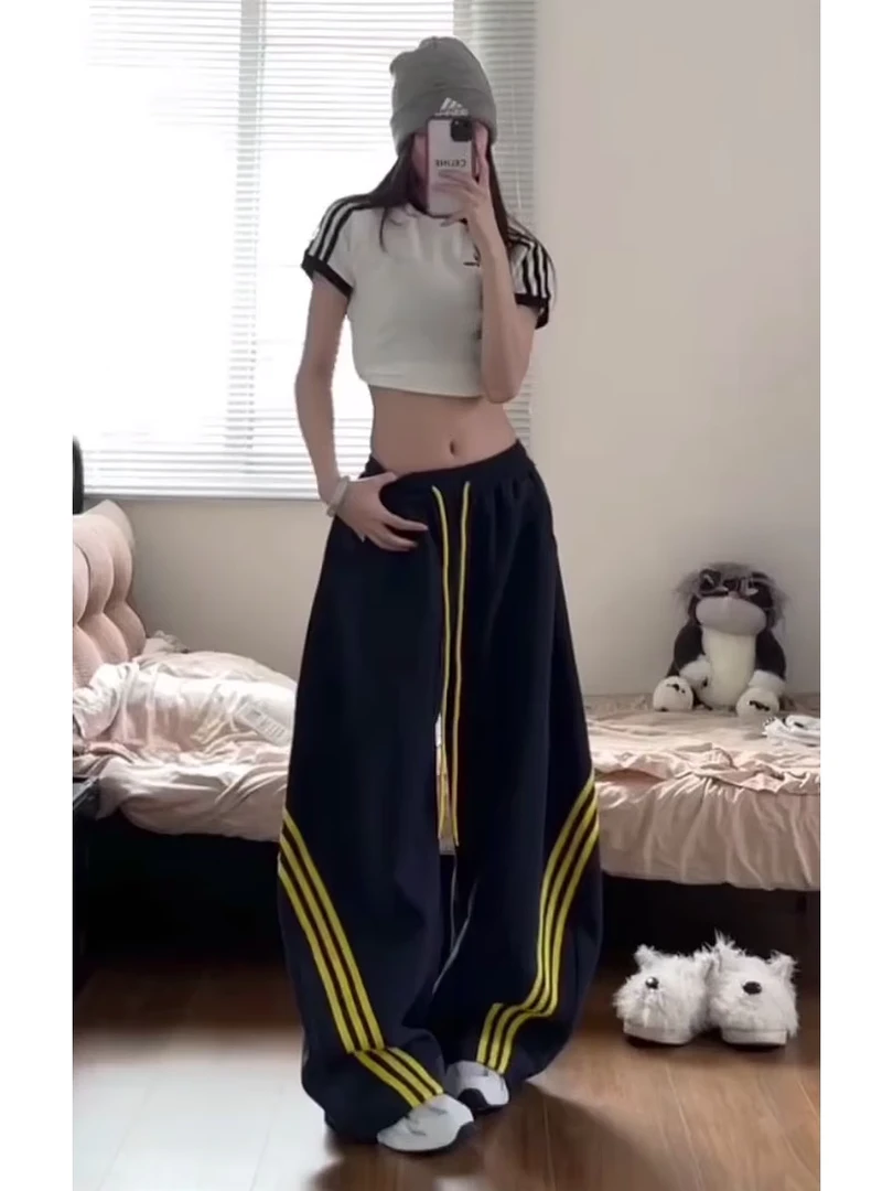 胖MM薄款潮款复古街头风街舞三杠条纹绑带弯刀休闲裤慵懒风裤子