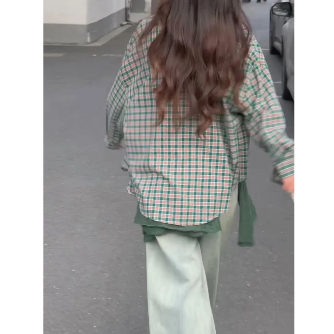 绿色格子衬衫外套女2025新款早秋韩系穿搭设计感小众长袖上衣小众