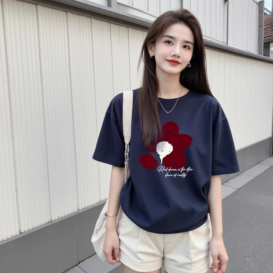 【绚丽花蕊】纯棉气质时尚休闲百搭宽松短袖T恤显瘦圆领减龄夏季