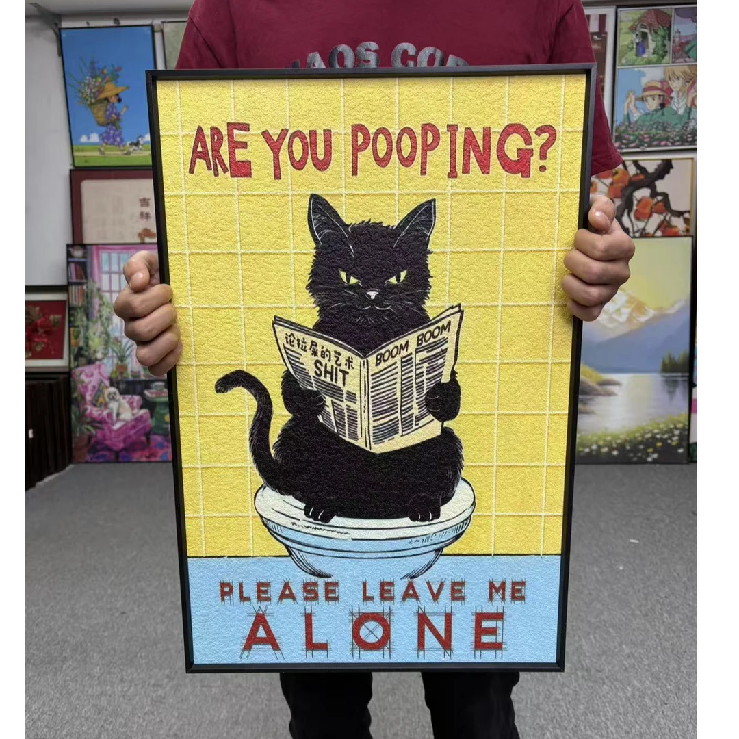 可爱小黑猫马桶拉屎创意装饰画卫生间浴室防水挂画146