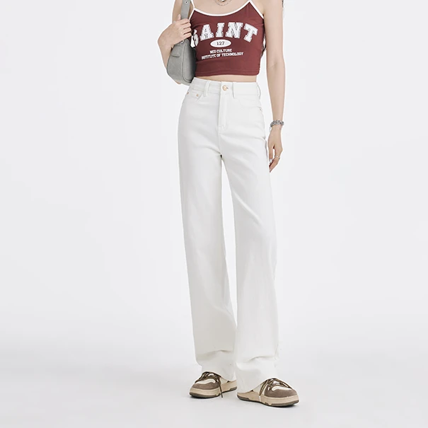 【春季上新】三防白色牛仔时尚高腰简约显瘦阔腿裤BC3329  裤长100