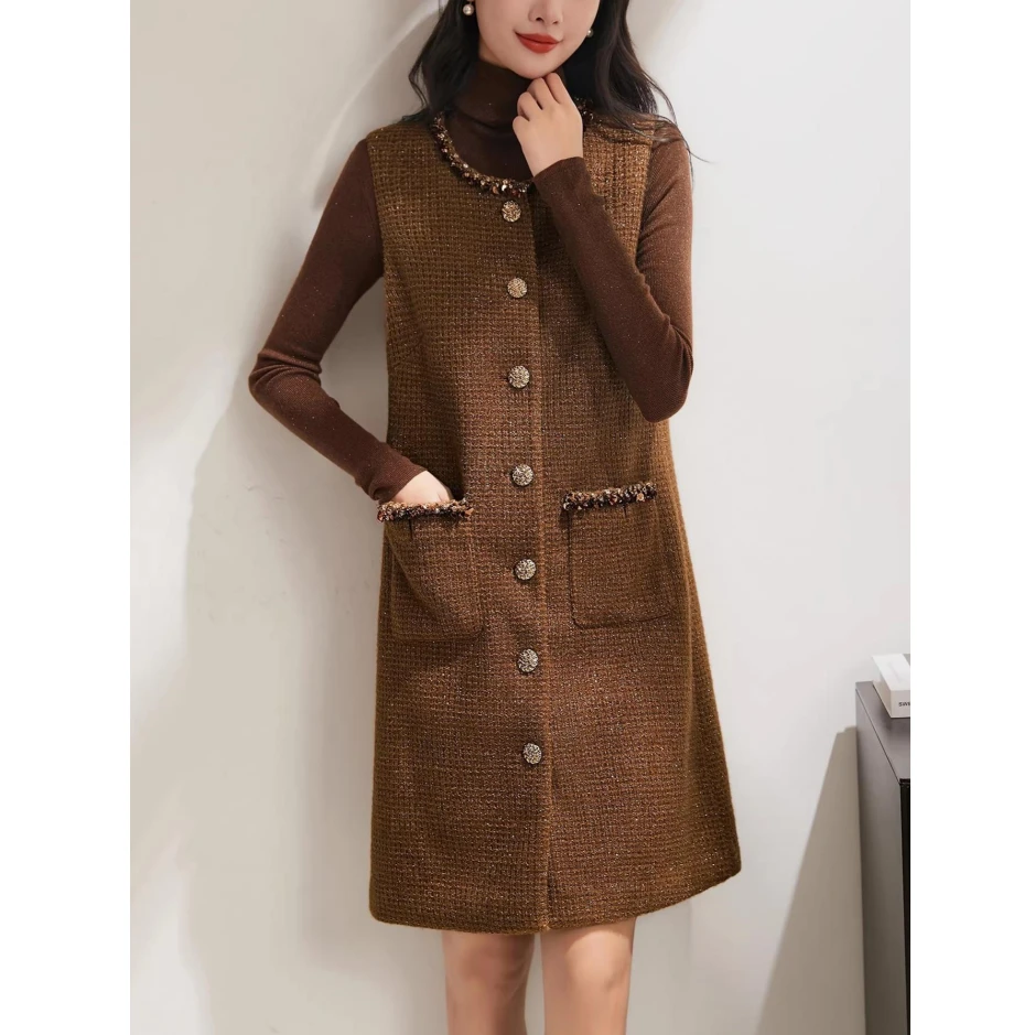 貂毛混纺亮丝粗花呢保暖背心裙 小香风钉珠无袖连衣裙秋冬高级感