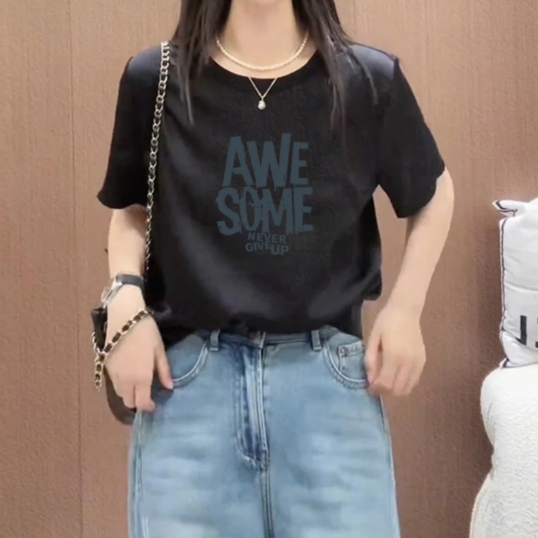 【商场同款】2025夏季新款小众高级感印花短袖t恤黑色圆领纯棉上衣