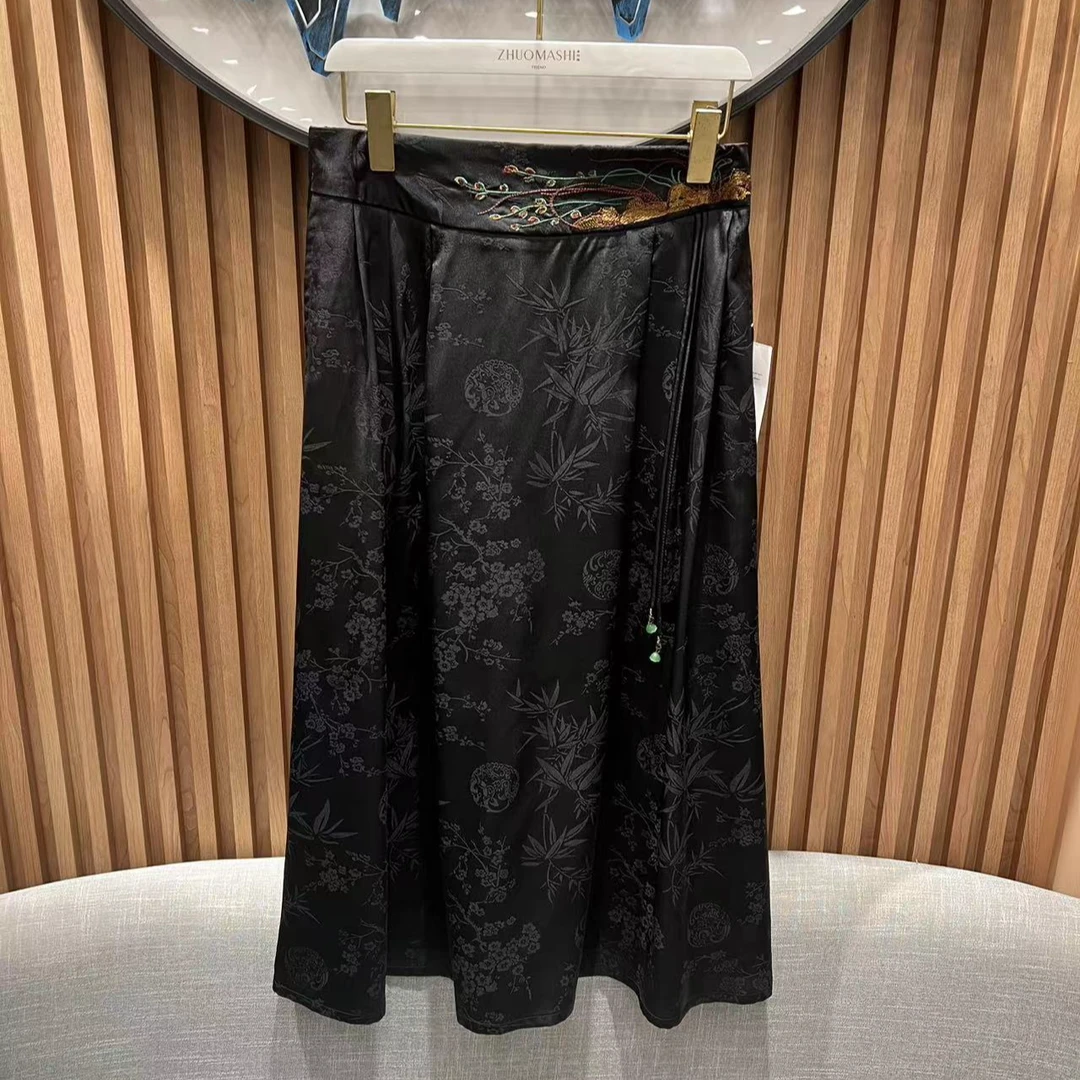 中式纯色松紧带半身裙潮流少女风薄款成人重工黑色复古3983