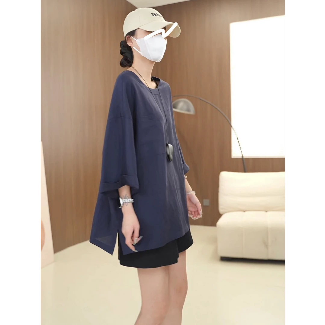 硕哥天丝亚麻后背镂空系带设计百搭宽松韩版大版型短袖T恤 25399