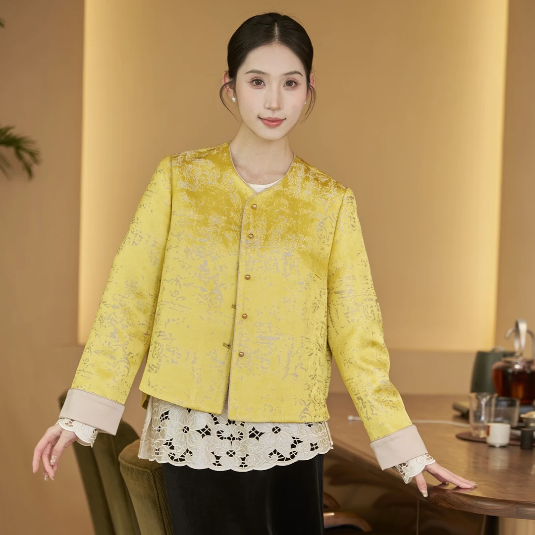 【锦鎏华】新中式外套豪门千金风2025原创设计暗纹提花人丝上衣F006