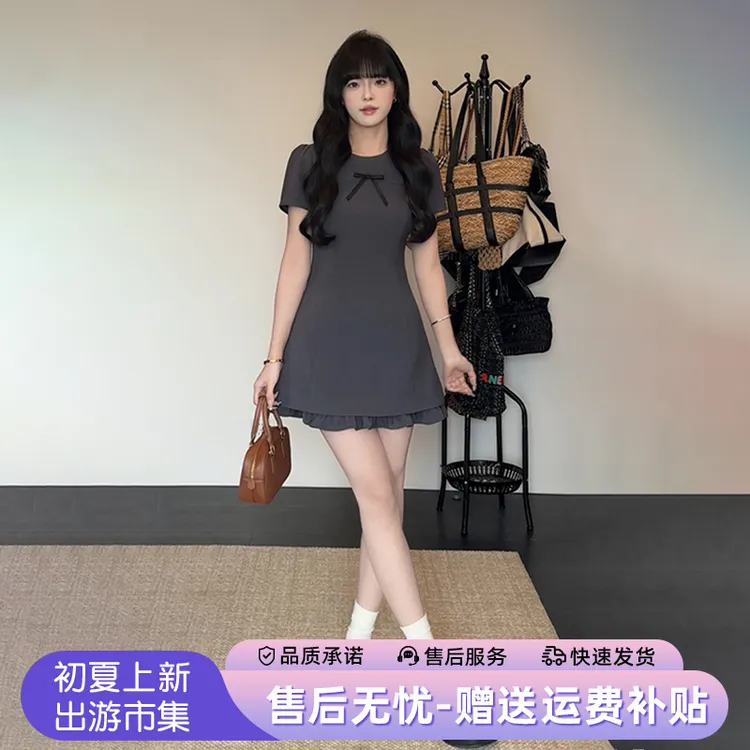 法式学院风灰色蝴蝶结连衣裙子女夏季2025新款小个子气质绝美短裙