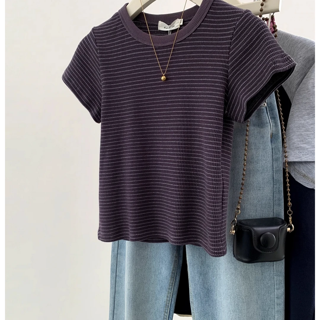 条纹短款冰丝针织短袖t恤女夏季2025新款爆款小个子正肩修身上衣